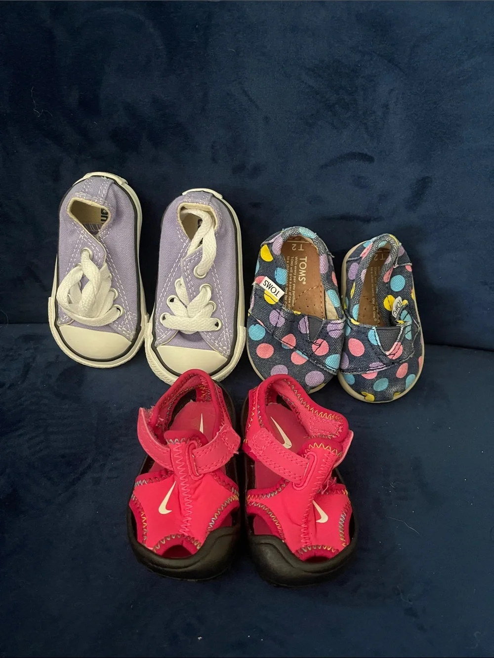Converse Purple Canvas Baby Sneakers, Plus Red Sandals & Polka Dot Slip-Ons